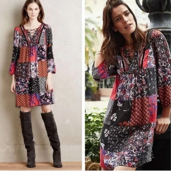 Anthropologie One September Blue, Purple, Patchwork Orange Lace Up Tunic Dress - Picture 1 of 15